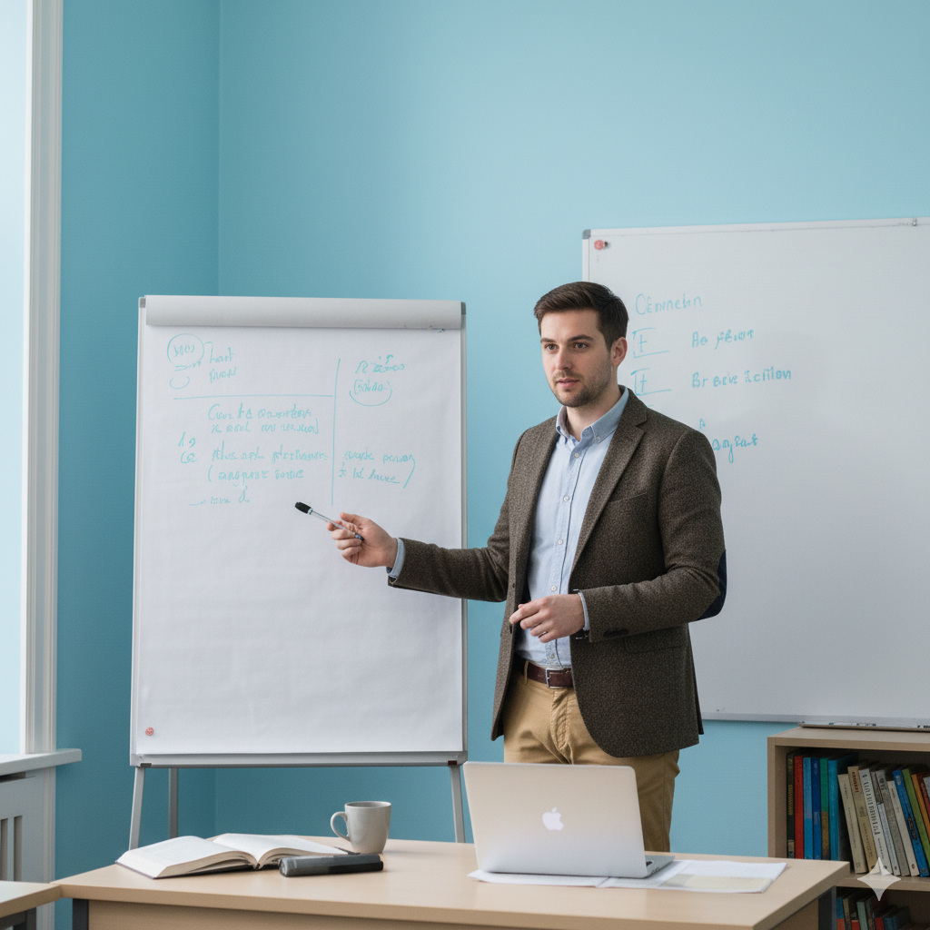 Man giving a presentation in front of whiteboards and a laptop.