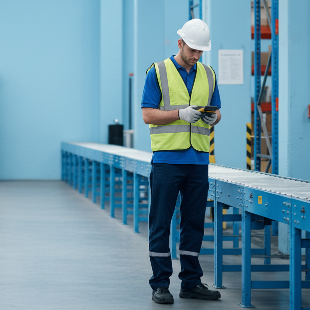 Worker in a warehouse wearing a hard hat and safety vest, using a handheld device.