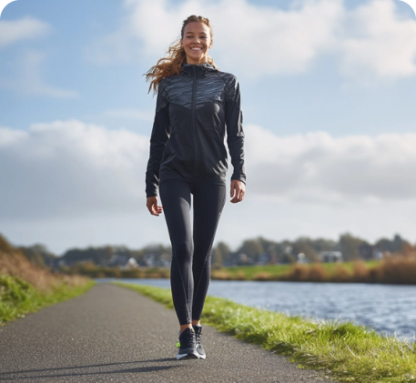 Woman in athletic wear walking along a path by a water body with a scenic background