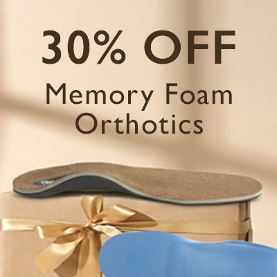 Orthotic shoe insert with a red ribbon on a beige background, promoting free shipping on orthotics.