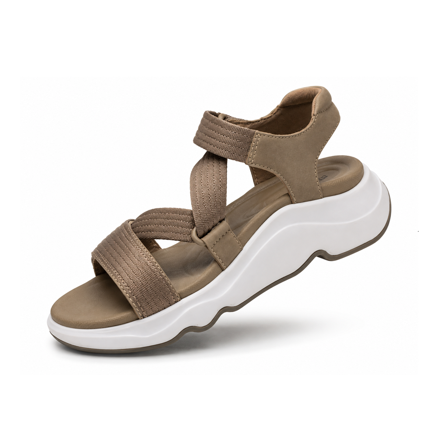 Brown sandal with white sole on a white background