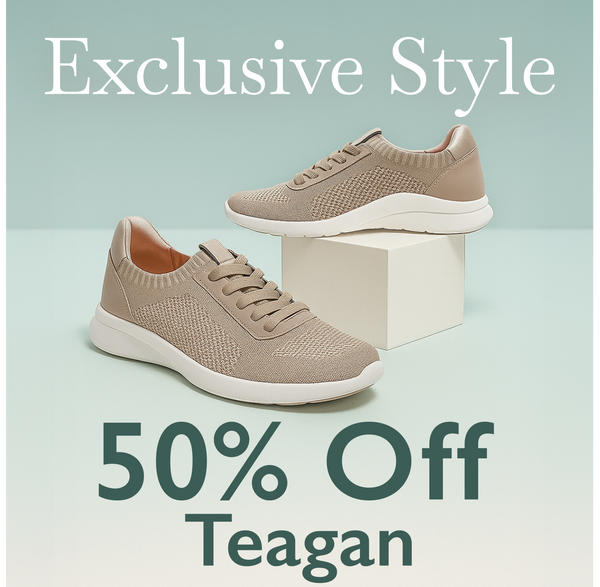 Beige sneakers on a light green background with promotional text.