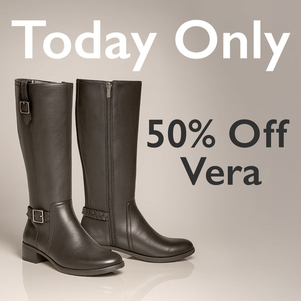 Pair of black knee-high boots with promotional text 'Today Only 50% Off Vera' on a beige background