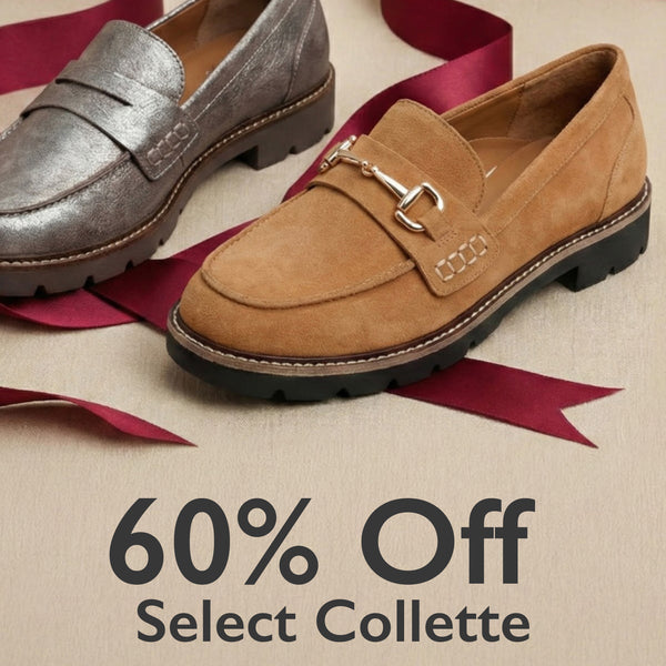 Two pairs of loafers, one silver and one brown, on a beige background with red ribbons and '60% Off Select Collette' text.