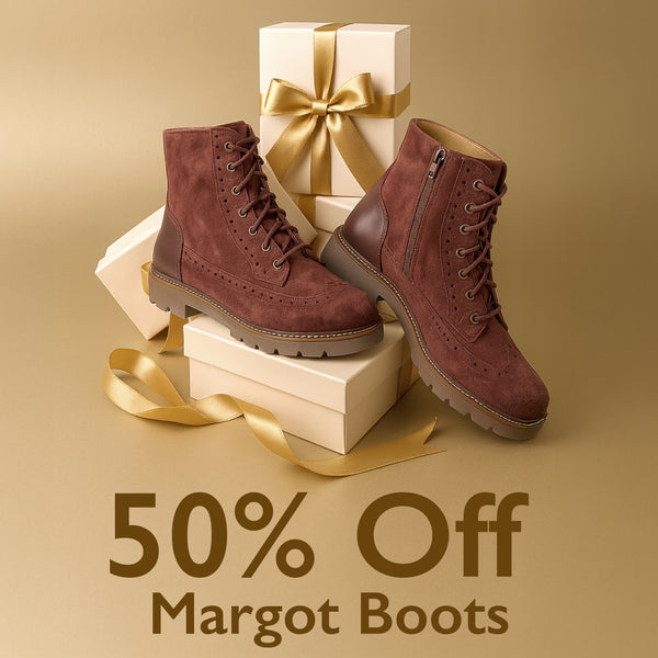 Brown boots with a gold bow and '50% Off Margot Boots' text on a beige background