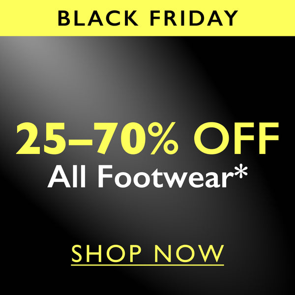 Black Friday sale advertisement for 25-70% off all footwear with a 'Shop Now' call to action on a black background.