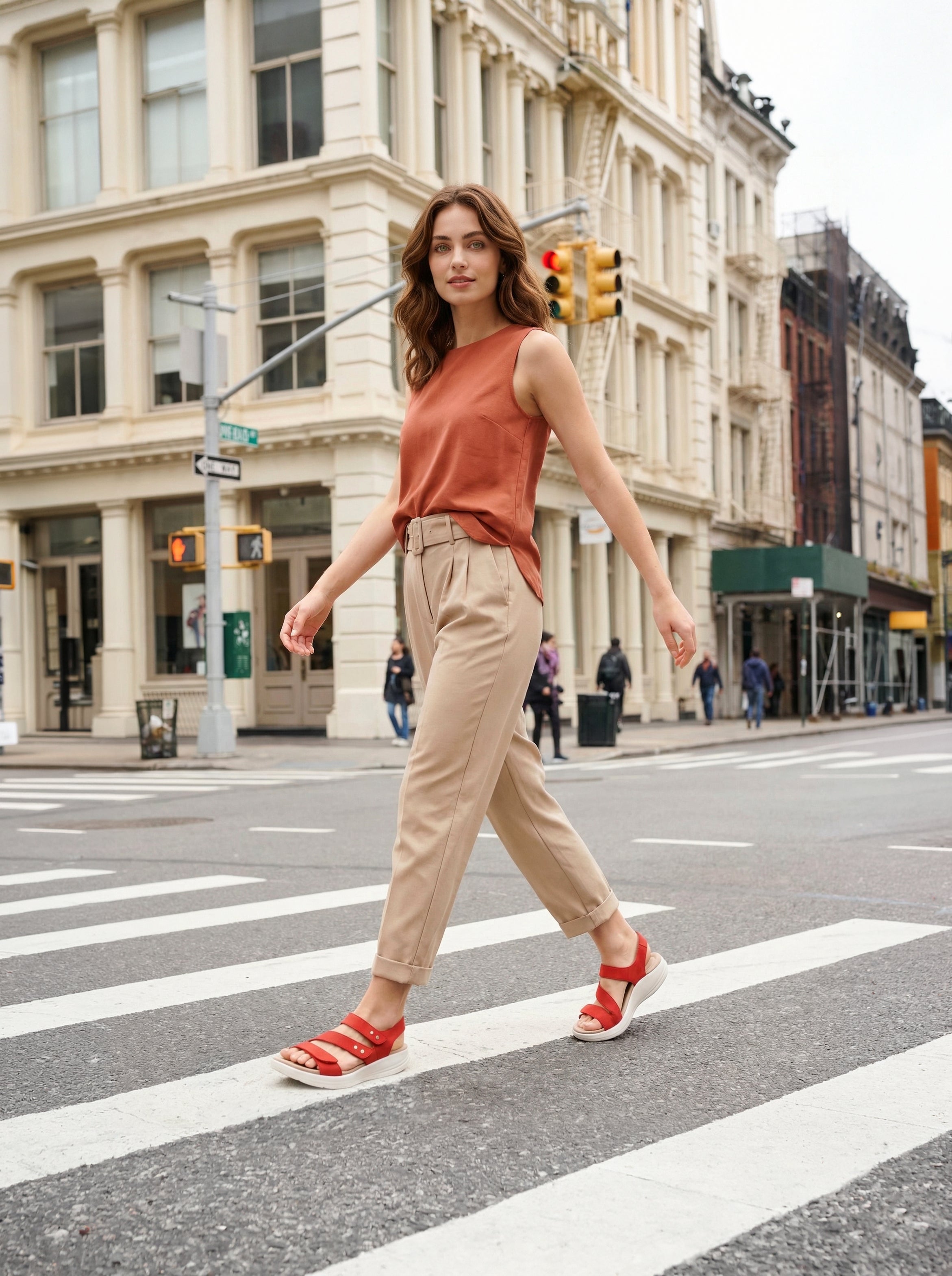 Woman crossing a city street wearing a rust-colored top and beige pants.