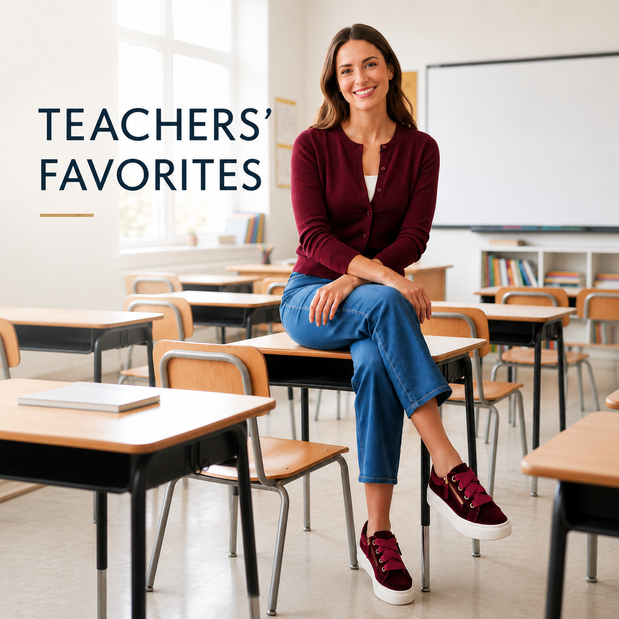 Woman sitting on a desk in a classroom with 'Teachers' Favorites' text.