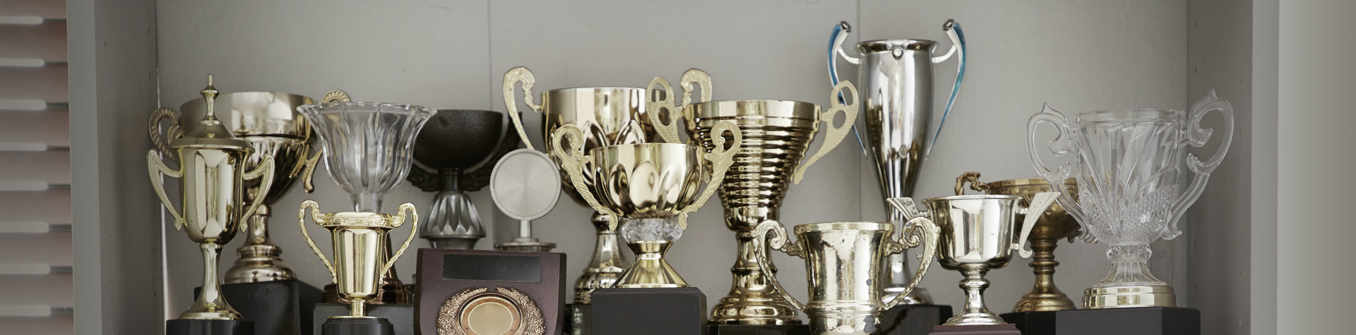 Collection of various trophies on a gray surface