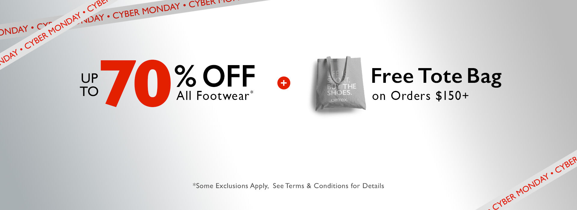 Promotional banner with 70% off footwear offer and free tote bag with a gray tote bag graphic.