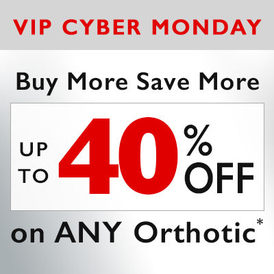 Promotional banner for 30% off online exclusive orthotics during Cyber Monday.