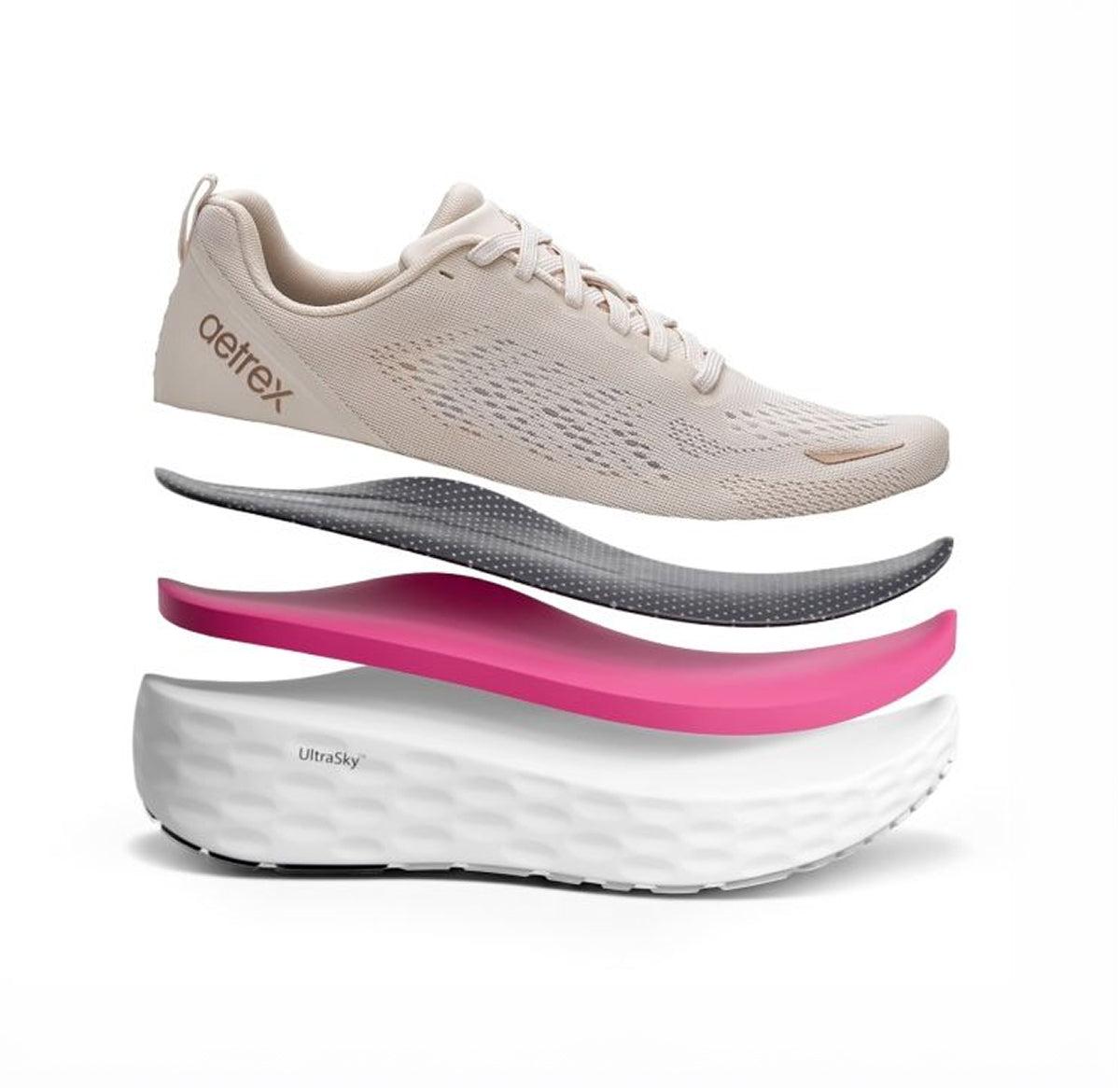 A single running shoe shown floating above an exploded view of its layered sole components on a clean white background. The shoe is light beige with a visible 'detrex' logo near the heel.