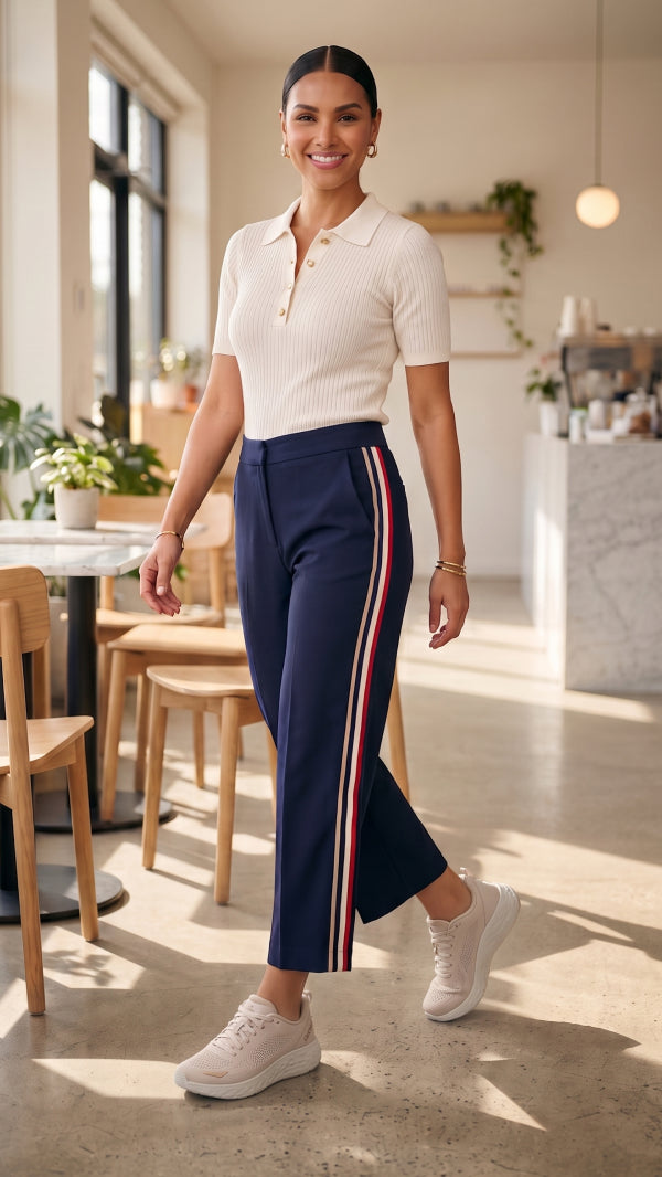 A woman walking in a bright, modern cafe setting wearing navy blue cropped trousers with red and white side stripes, a cream ribbed short-sleeve polo shirt, and white sneakers.