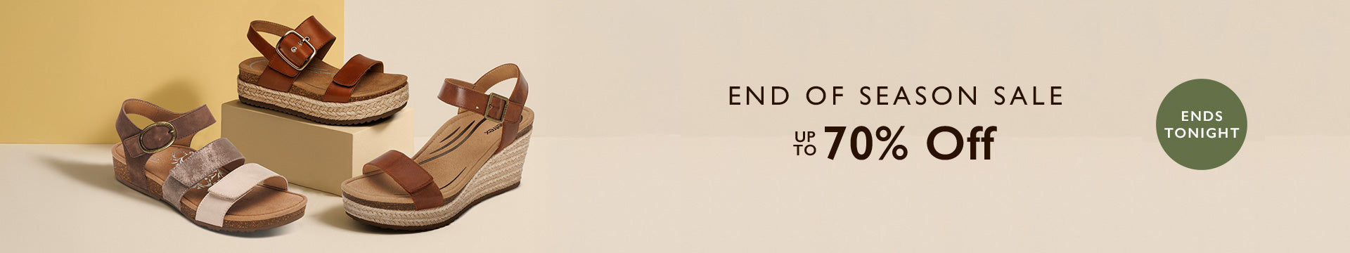 Wedges on a beige background with 'End of Season Sale' text and discount offer.