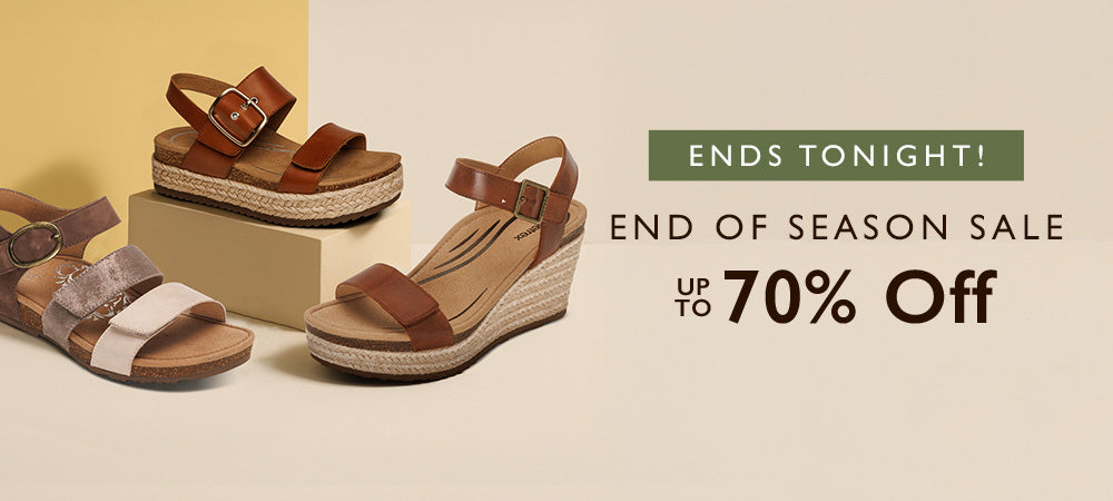Wedges on a beige background with promotional text for an end of season sale.