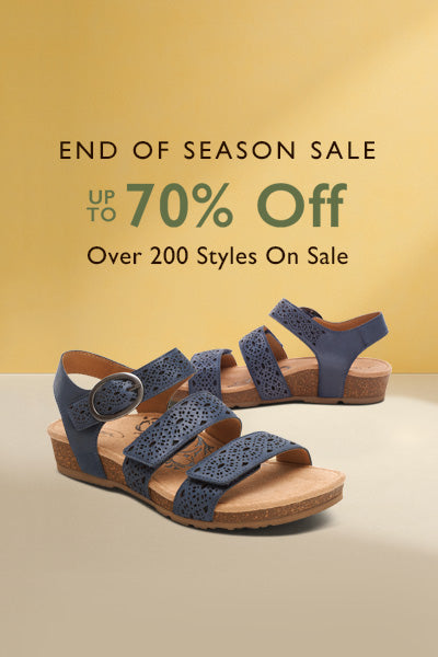 Blue sandals on a beige surface with promotional text about an end of season sale.