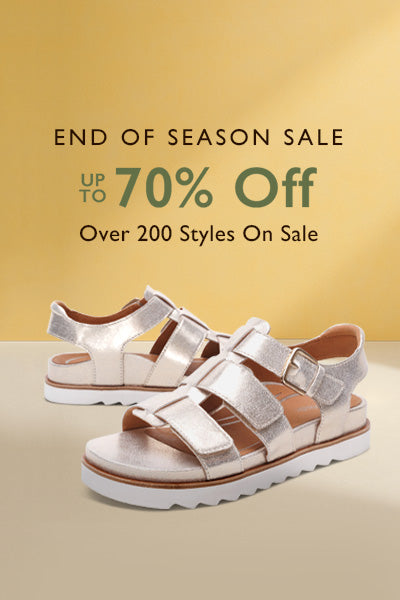 Promotional image of sandals with 'End of Season Sale' text on a beige background