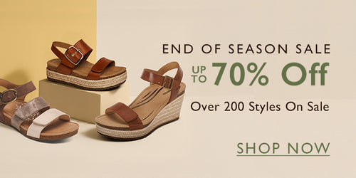 Promotional banner for end of season sale with sandals and shoes on a beige background