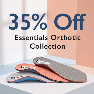 Three orthotic insoles from the Detrex Essentials Collection are displayed on a geometric studio background with a large promotional text overlay reading '35% Off'. The insoles feature a gray textured top layer, a peach-orange mid-layer, and a blue-gray contoured bottom layer.