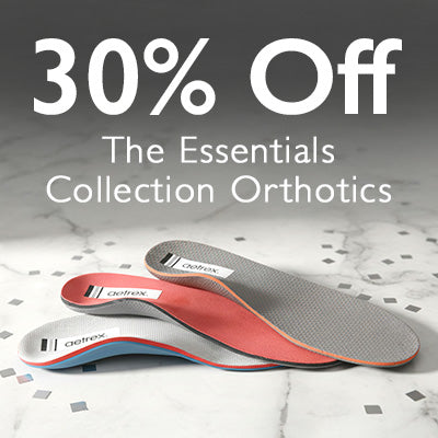 Orthotic insoles with '30% Off The Essentials Collection Orthotics' text on a textured background