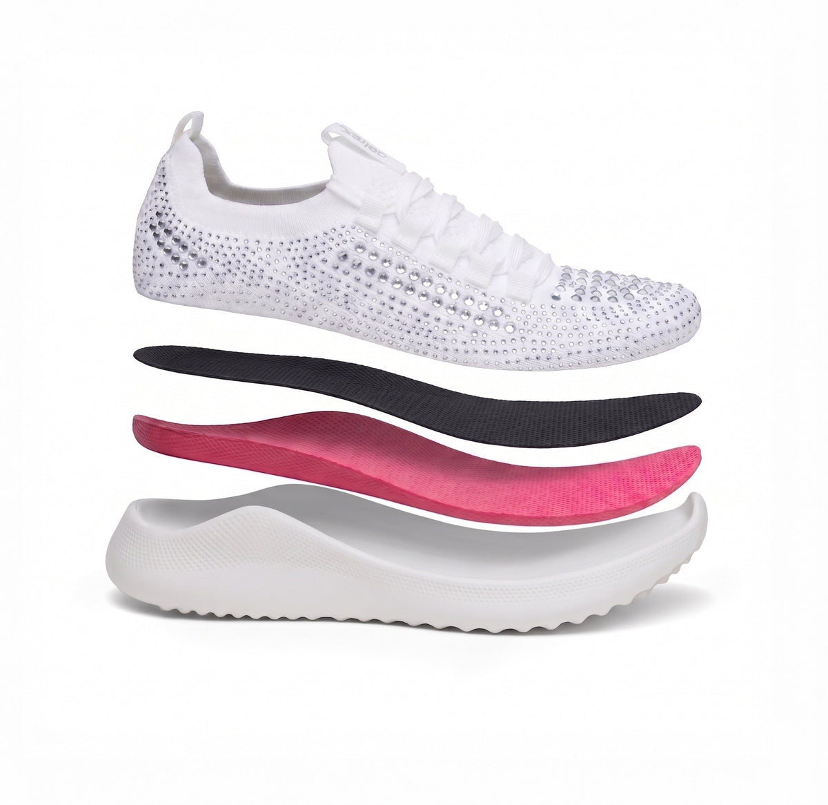 A white knit athletic shoe shown above three floating insoles in black, pink, and white on a clean white background.