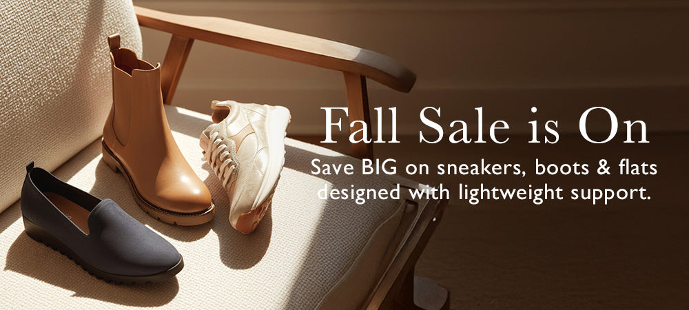 Pair of boots and shoes on a surface with text about a fall sale.