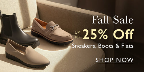 Pair of brown loafers and black rain boots on a beige surface with 'Fall Sale' text overlay.