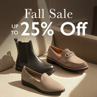 Pair of black boots and brown loafers with 'Fall Sale Up to 25% Off' text on a neutral background.