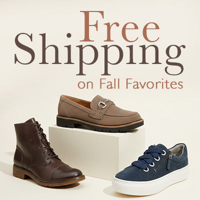 Brown and blue shoes on a white background with 'Free Shipping on Fall Favorites' text.