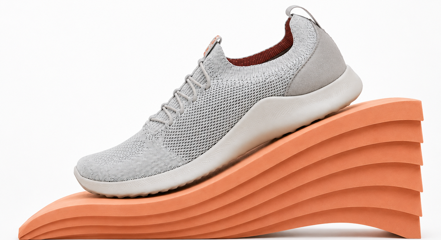 Gray athletic shoe on an orange wedge platform against a white background
