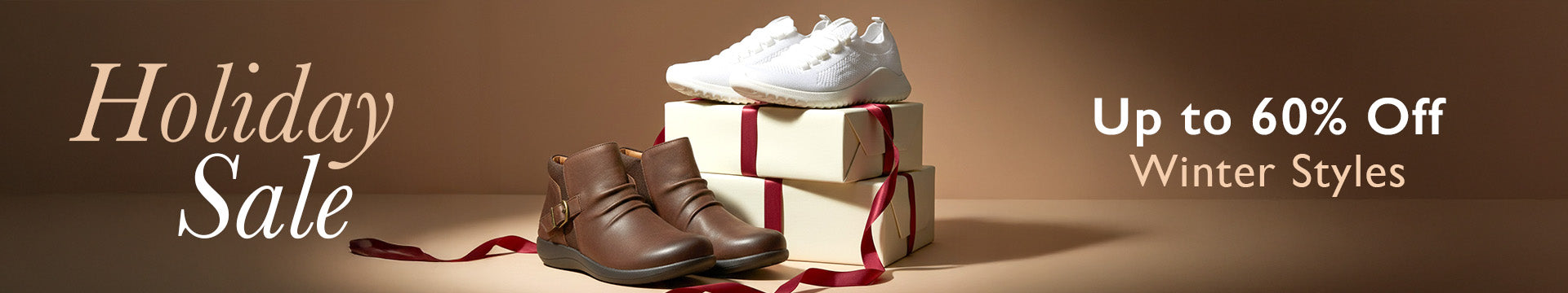 Promotional banner for a holiday sale on winter shoes with text indicating a discount.