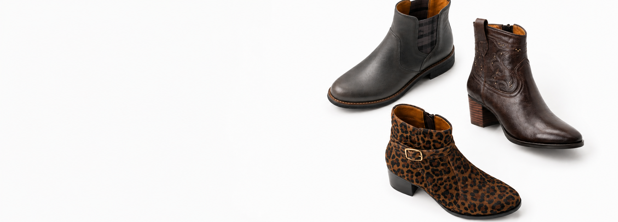 Two pairs of brown ankle boots with one featuring a leopard print pattern on a white background.