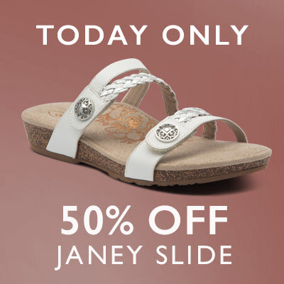 White sandal with brown sole on a red background with promotional text.