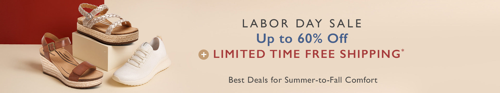 Promotional banner for Labor Day sale with sandals and a box on a beige background.