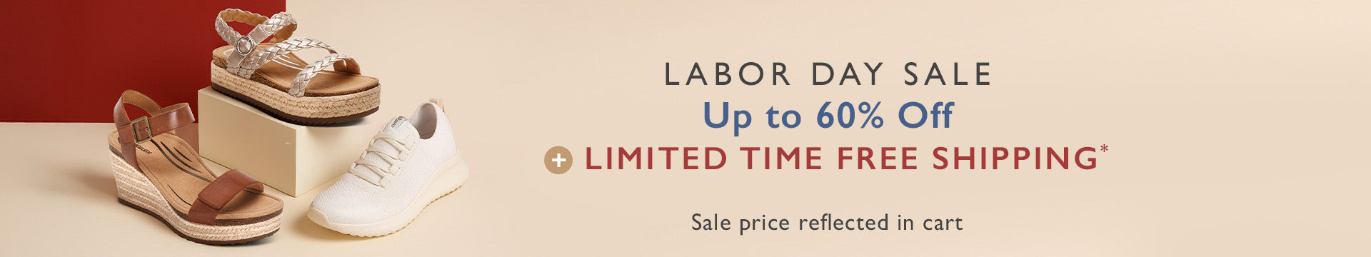 Promotional banner for Labor Day sale with shoes on a beige background