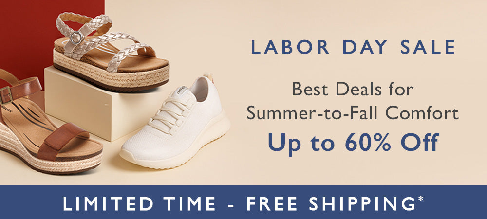 Promotional banner for Labor Day sale with sandals and a sneaker, featuring text about deals and discounts.