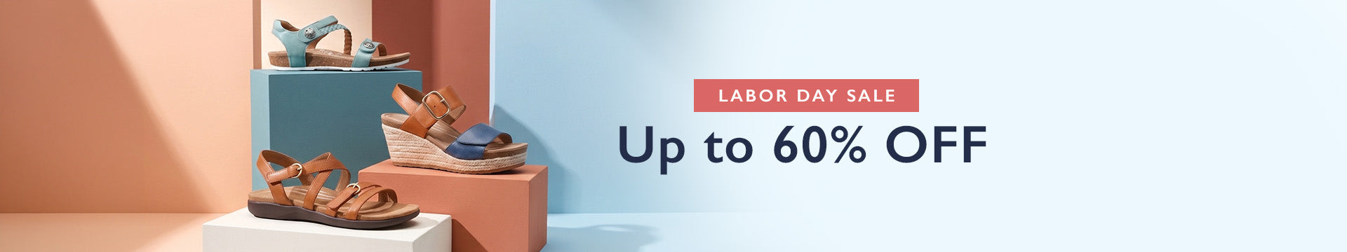 Promotional banner for a Labor Day Sale featuring several pairs of sandals displayed on geometric pedestals against a pastel background with the text 'LABOR DAY SALE Up to 60% OFF'.