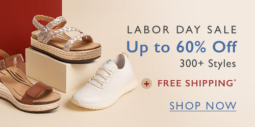 Shoes on a beige block with Labor Day sale text and promotional details.