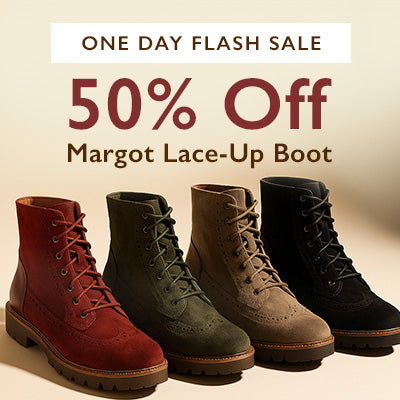 Promotional image of Margot lace-up boots with a one day flash sale and 50% off text.