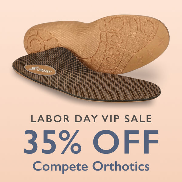 Three orthotic insoles from the Detrex Essentials Collection are displayed on a geometric studio background with a large promotional text overlay reading '35% Off'. The insoles feature a gray textured top layer, a peach-orange mid-layer, and a blue-gray contoured bottom layer.