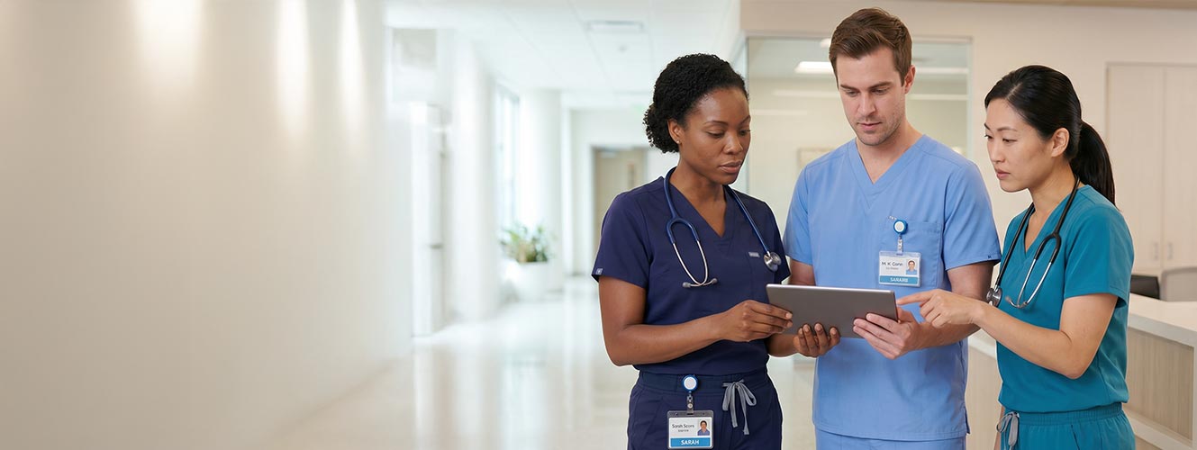Three healthcare professionals in scrubs reviewing a tablet in a hospital setting.