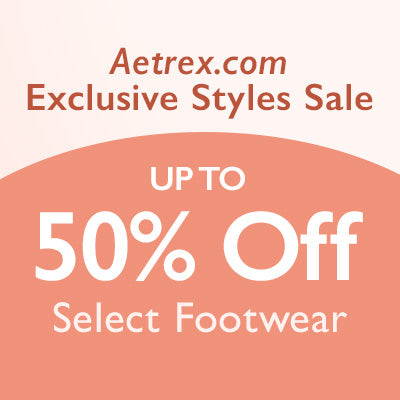 Promotional text for Aetrex.com exclusive styles sale with up to 50% off select footwear on a peach background.