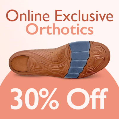 Online Exclusive Orthotics: 30% Off. The image features a close-up, bottom view of an orthotic insole, showing the brown, contoured outsole with blue cushioned pads in the forefoot area. The text advertises Online Exclusive Orthotics with 30% Off