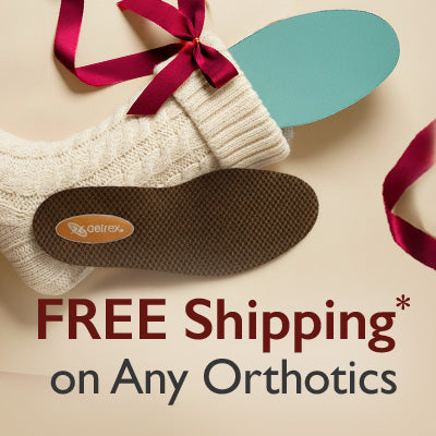 Orthotic shoe insert with a red ribbon on a beige background, promoting free shipping on orthotics.