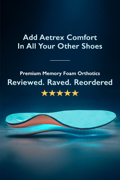 Aetrex comfort insole with text on a dark blue background