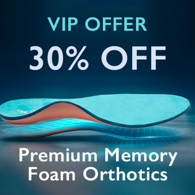 Orthotic shoe insert with a red ribbon on a beige background, promoting free shipping on orthotics.