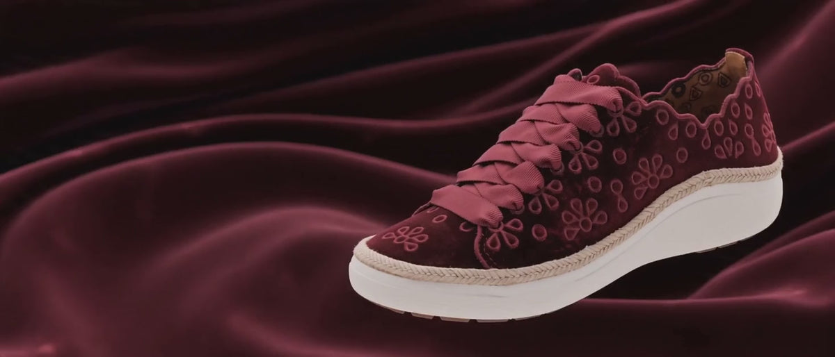 Load video: Charlotte Lace-Up Sneaker in burgundy, navy and black velvet
