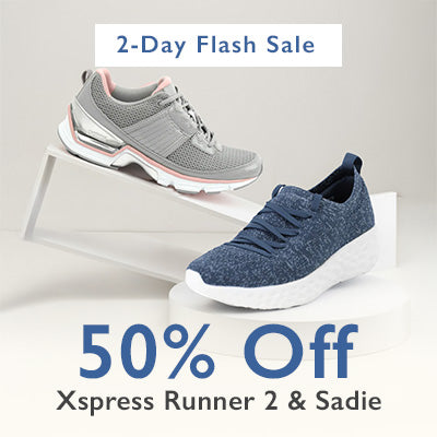 Two pairs of running shoes with promotional text for a 2-Day Flash Sale and 50% off on Xpress Runner 2 & Sadie models.