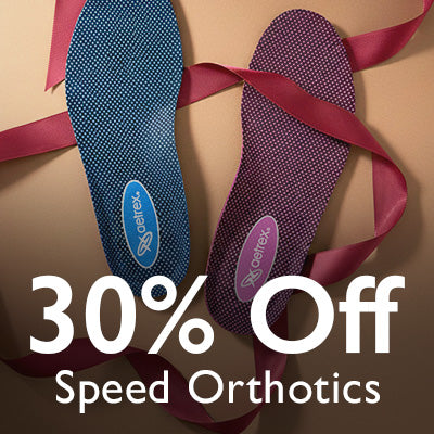 Orthotic shoe insert with a red ribbon on a beige background, promoting free shipping on orthotics.