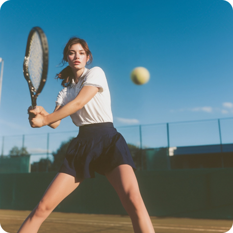 Woman playing tennis on a court with a clear blue sky.